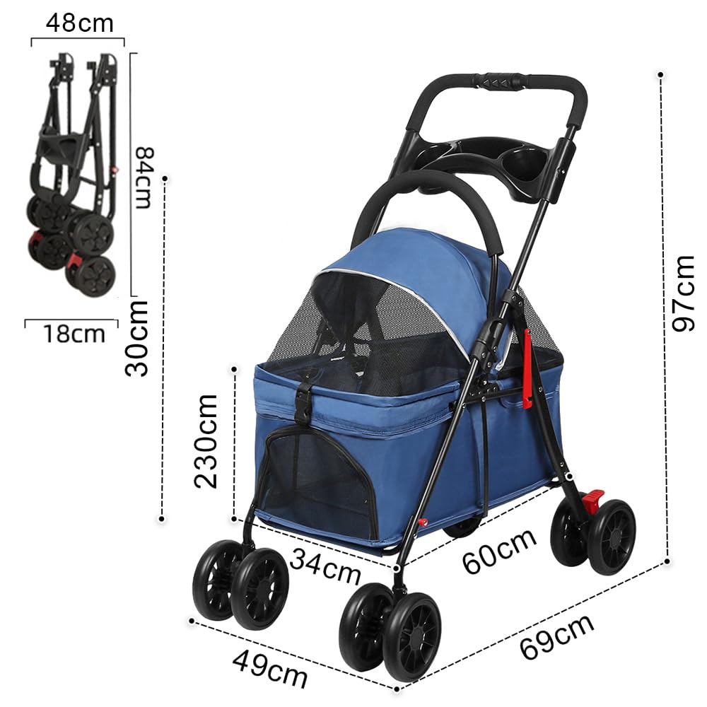 Carrito para Perros Plegable hasta 15 kg – Carro para Perros y Gatos con Cabina Desmontable, Estructura de Acero y Tejido Oxford Transpirable(Azul)