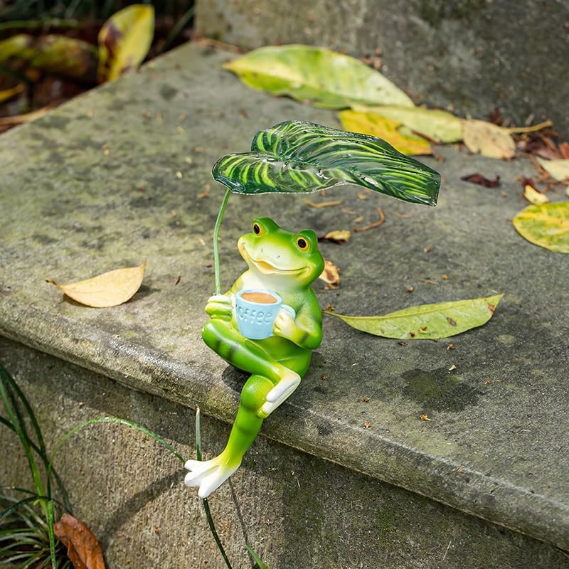 Miniatura 5 de Adorable estatua de jardín de animales con paraguas  Encantadora decoración al aire libre para patio, patio o jardín (café de rana)