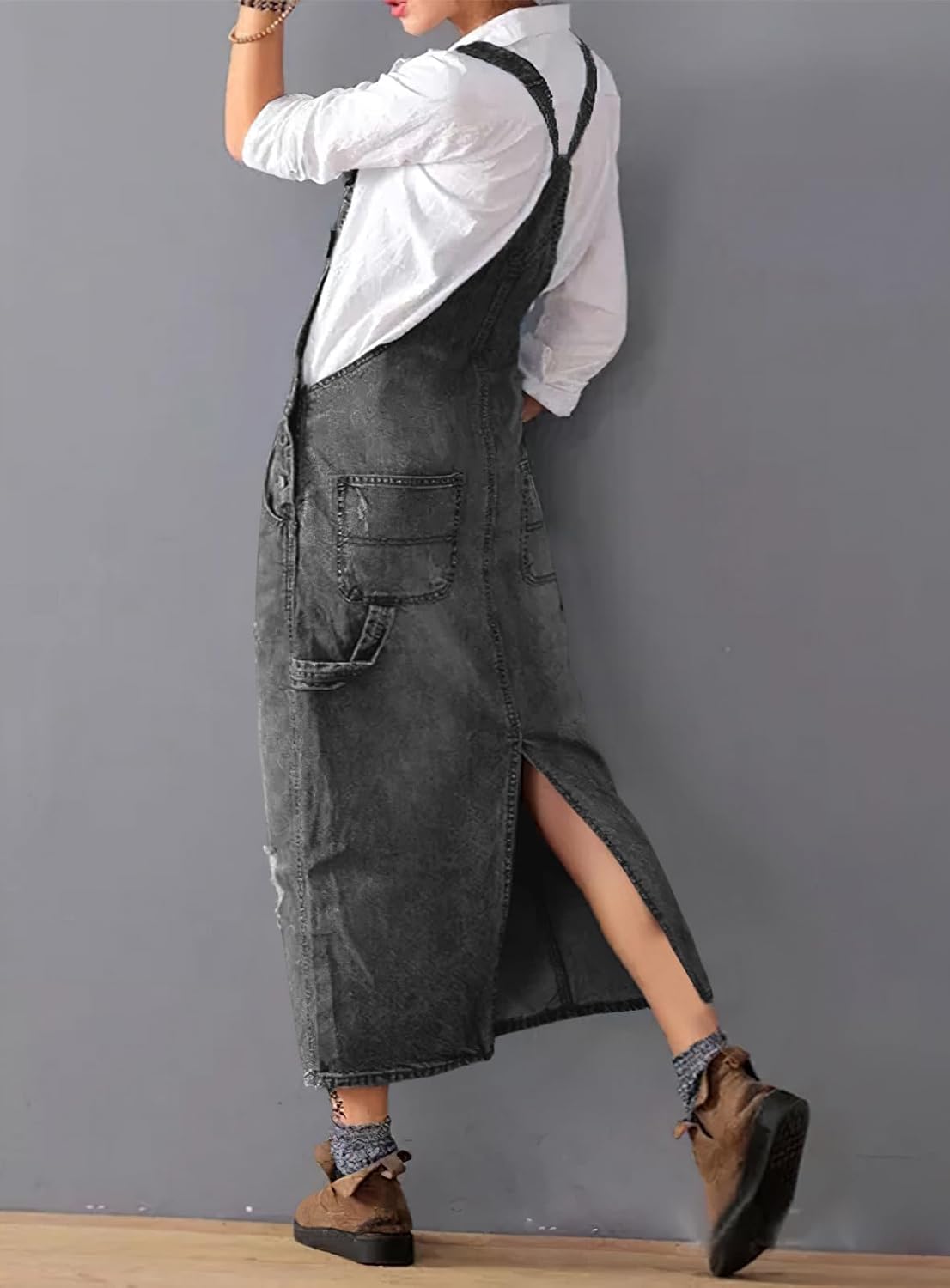 loveimgs Women Distressed Denim Overall Dress Bib Long Jean Jumper Ripped Adjustable Straps Patchwork Pinafore Dress - Image 4