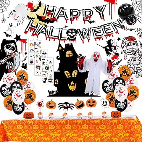77 PCS Halloween Party Decorations Set - Halloween Balloons Fluorescent Stickers Halloween Ghost Hanging Decoration Halloween Window Clings Suitable for Outdoor and Indoor Halloween Decorations. Cover