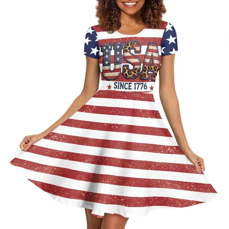 Image of Irisjudy T Shirt Dress for Women Short Sleeve Girls Short Sleeve Dress Plus Size, O Neck Knee Length Midi Dress for Ladies