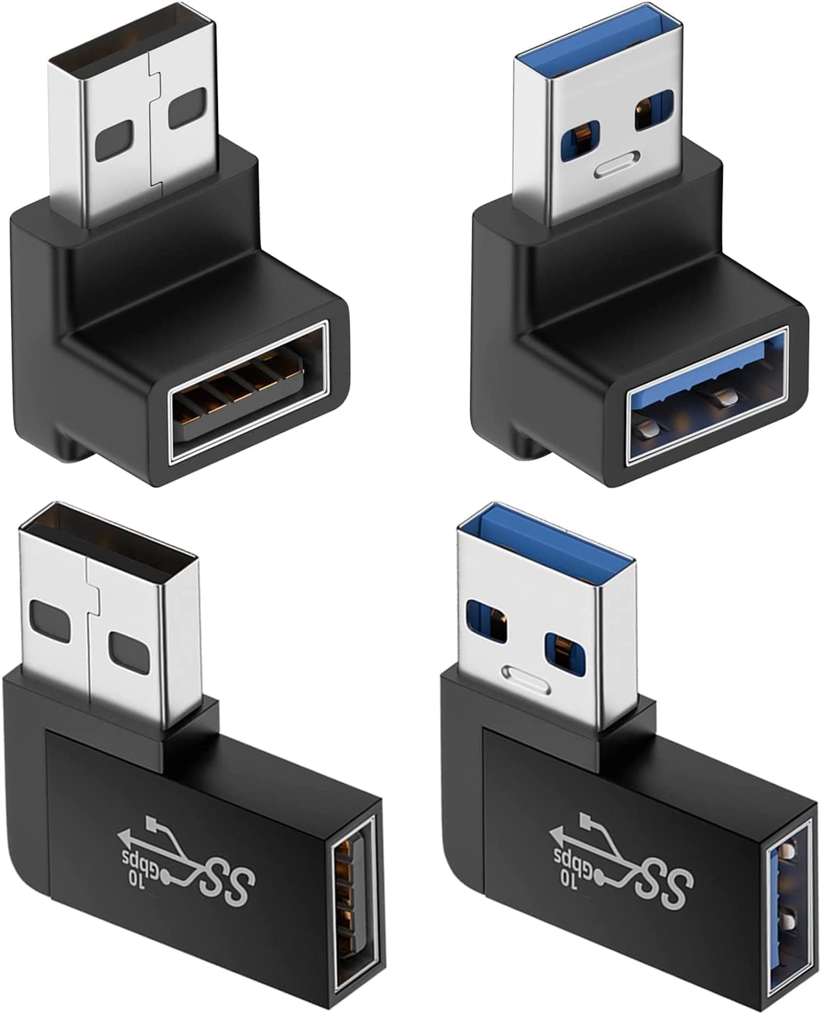 Zurligi 4 Pcs 90 Degree USB 3.0 Adapter, Vertical Up and Down Angle, Male to Female Coupler Connector Plug, Horizontal Left and Right Angle, USB Extender Adapter, Male to Female Extender Connector