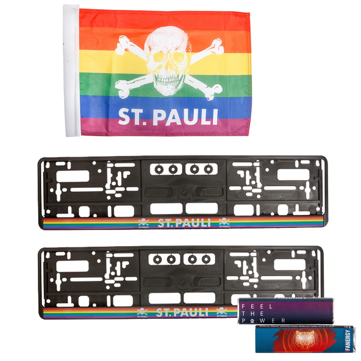FC St. Pauli Auto Zubehör Dekoration Set Nummernschildhalter Totenkopf Regenbogen + Fahne +2X FANERGY Traubenzucker