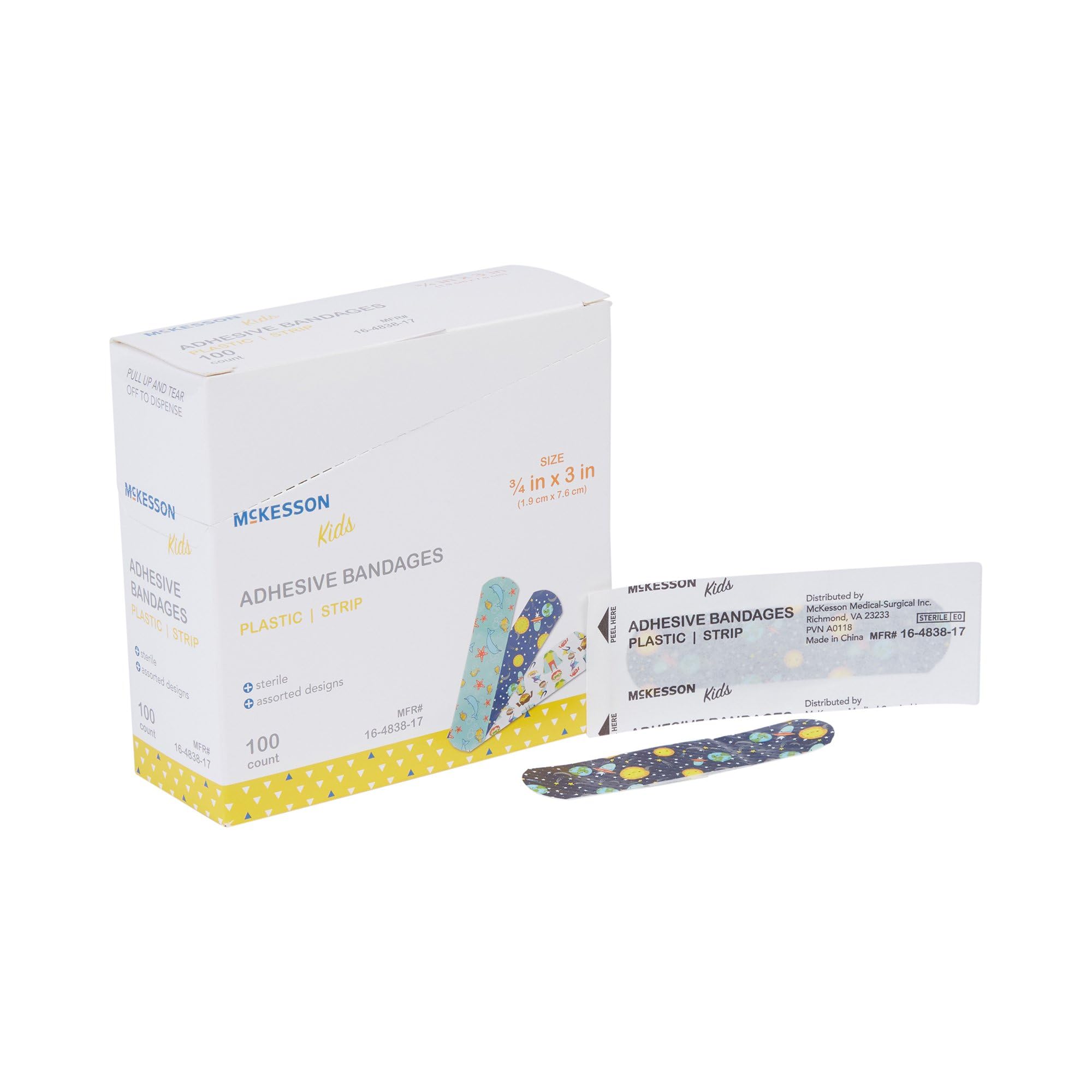 McKesson Kids Adhesive Bandages, Sterile, Plastic Strip, Assorted Prints, 3/4 in x 3 in, 100 Count, 1 Pack