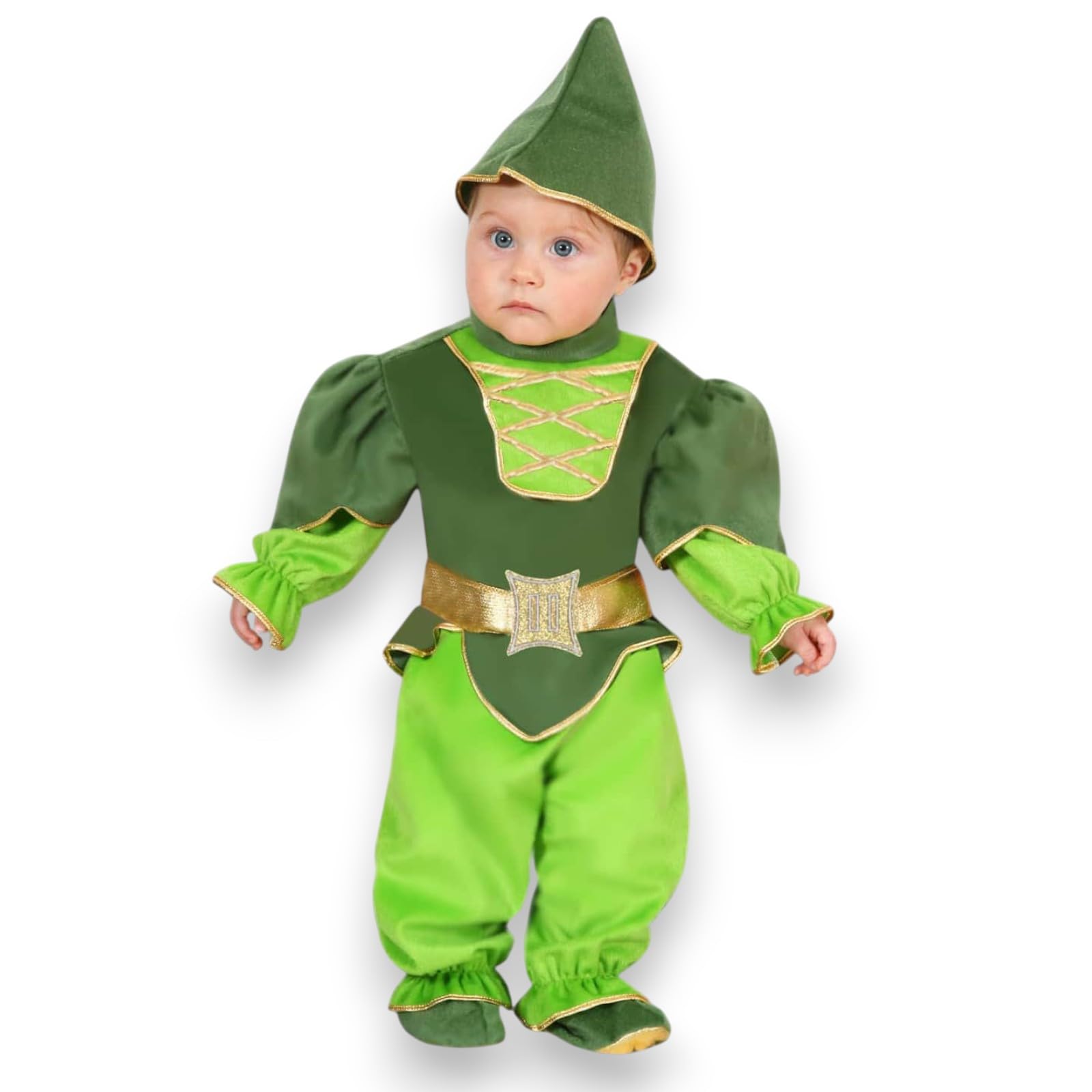 KORAT - Costume Peter Pan Neonato 3/6–13/18 Mesi – Travestimento Carnevale con Cappello Casacca Cintura Pantalone e Copriscarpette – Costume Fiaba Design Italiano per Bambini