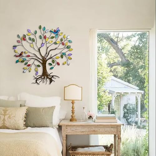 Miniatura 6 de VEWOSTAR Arte de pared de metal para sala de estar, decoración del hogar, hojas coloridas, escultura de pared, árbol de la vida, hecho a mano,