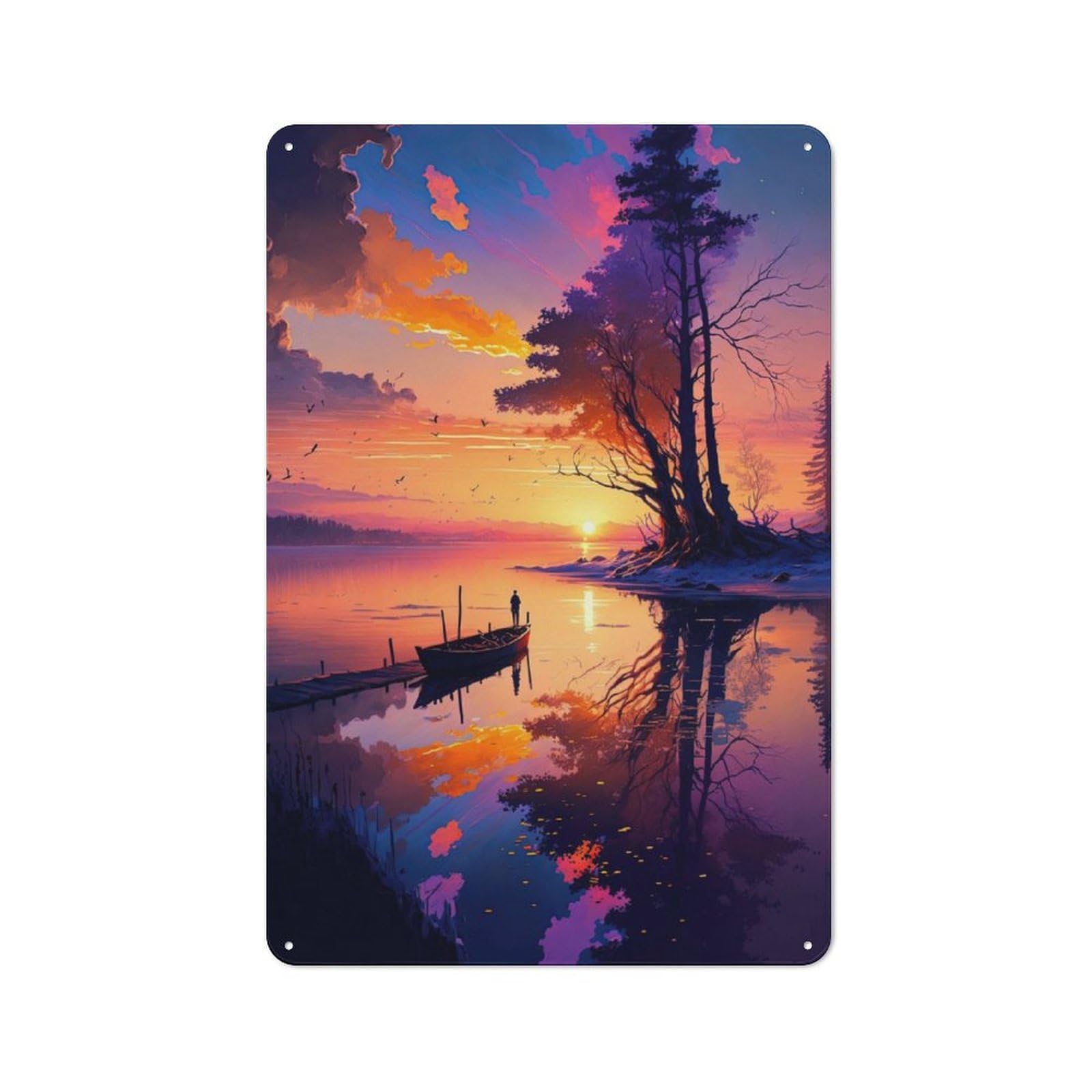 Junmoney Lonely Boat At Sunset Retro Metal Plaque 30X20cm For Lounge Or Reading Corner, Winter Wall Decor For Reading Corner Decorators