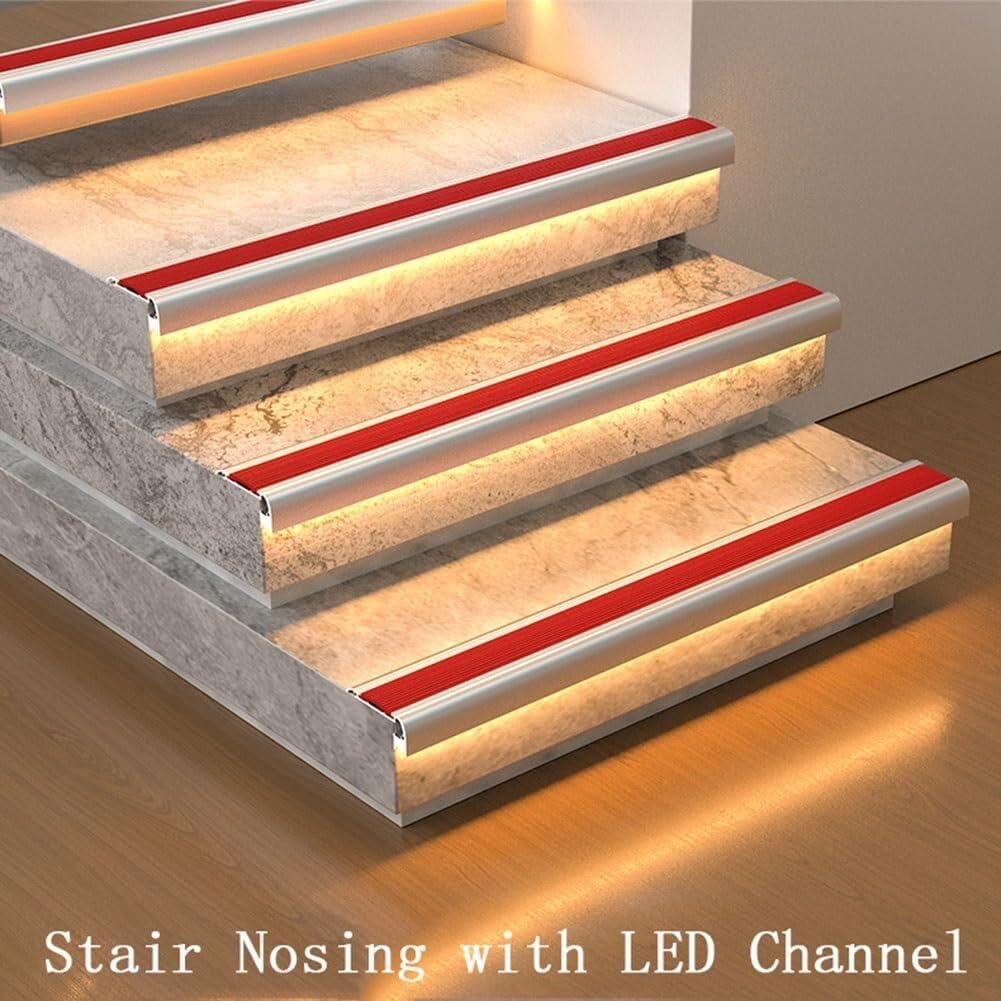 Perfil Antideslizante para Escaleras de Aluminio con Ranura para Tira LED, Zócalo en L con Tira de Goma Antideslizante para Seguridad en Hogar, Oficinas y Uso Comercial(Negro,150cm/59in)