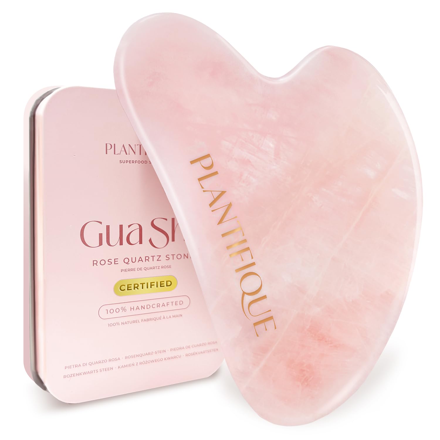 PLANTIFIQUE Gua Sha Viso Quarzo Rosa | Guasha Pietra Massaggiatore Antirughe | Kit Skincare Face Massager | Idea Regalo Completo Facciale Corpo Piedi Massaggio Originale Gua Sha Quarzo Rosa