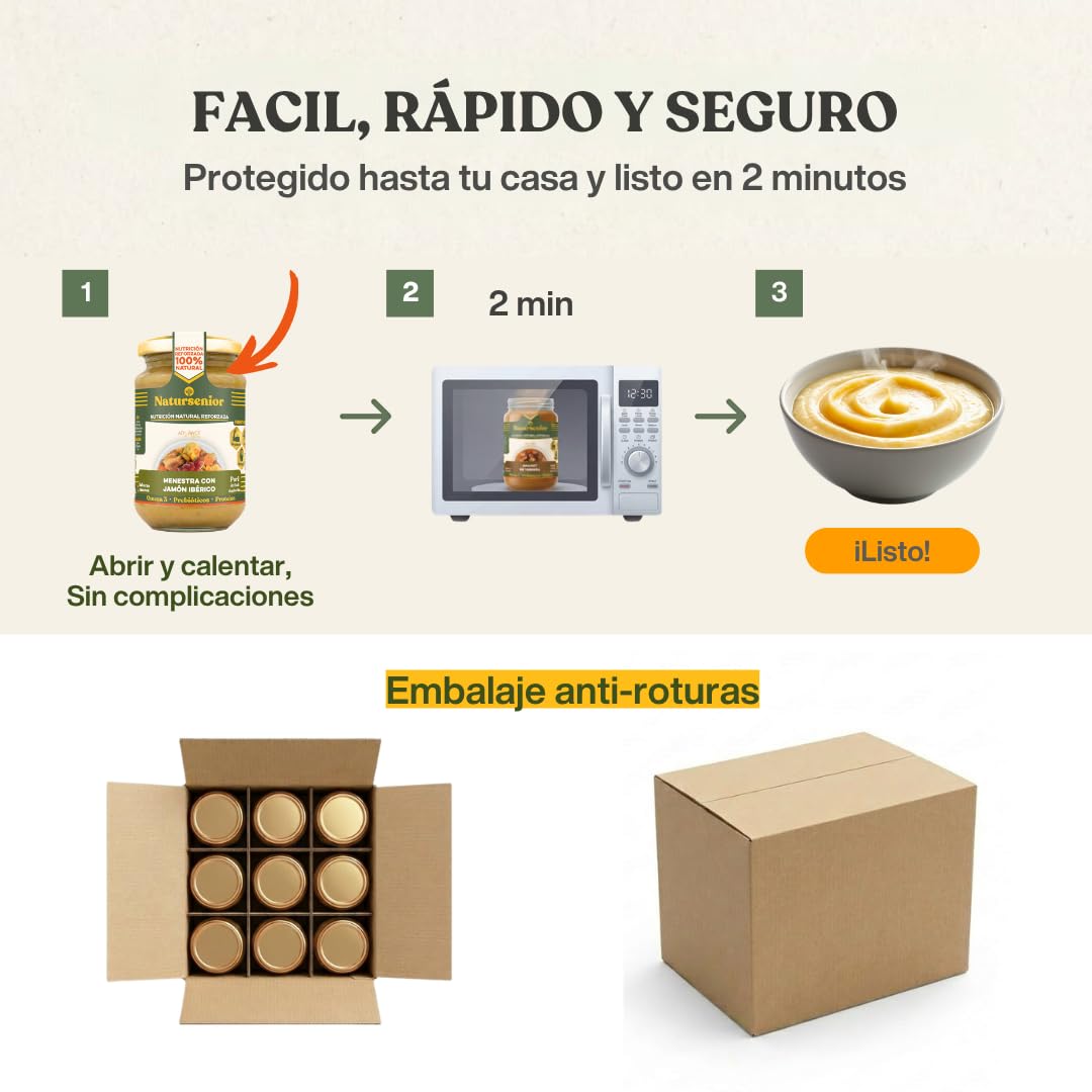 Natursenior - Comida Triturada para Personas Mayores - Pack Puré Menestra con Jamón Ibérico - 100% Natural, Omega 3, Fibra, Proteína - 6 uds x 340g