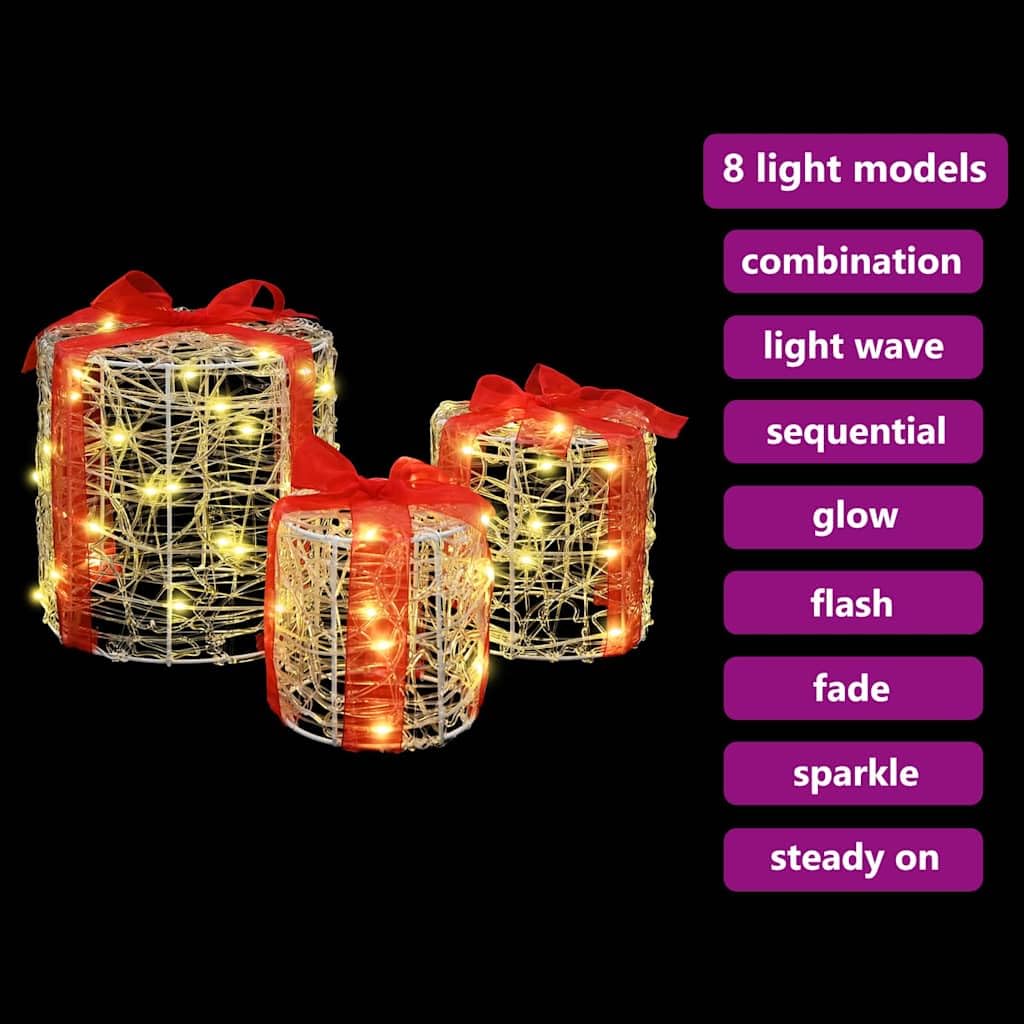 Pudełko na prezent, dekoracja, 3 sztuki, akryl, 20 x 20 x 21 cm, z paskami LED o ciepłej białej barwie, dekoracja bożonarodzeniowa do salonu, biura i na święta