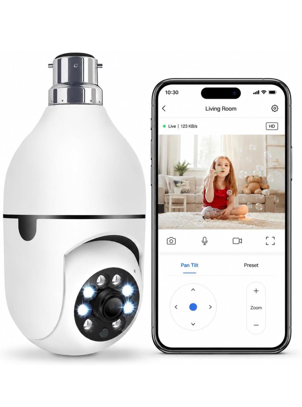 360° WiFi Bulb Security Camera 1080P HD with B22 Socket | 355° Pan & 110° Tilt, Color Night Vision, Motion Tracking, Two-Way Audio, Cloud & SD Card Storage-picture-38