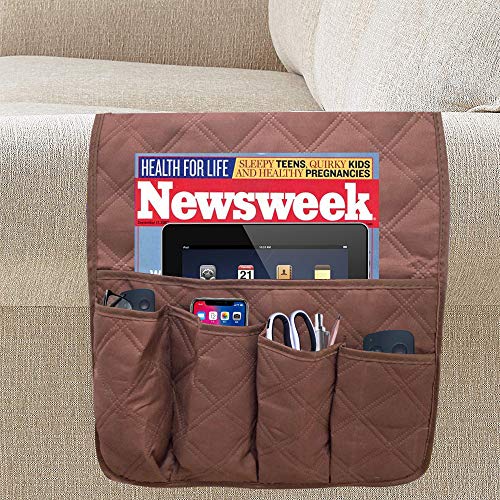 Acutelien Armrest Caddy Pocket,Non-Slip Couch Sofa Organizer Bedside Storage Organizer for Smart Phone, Book, Magazines, Ipad, TV Remote Control Holder(Brown)