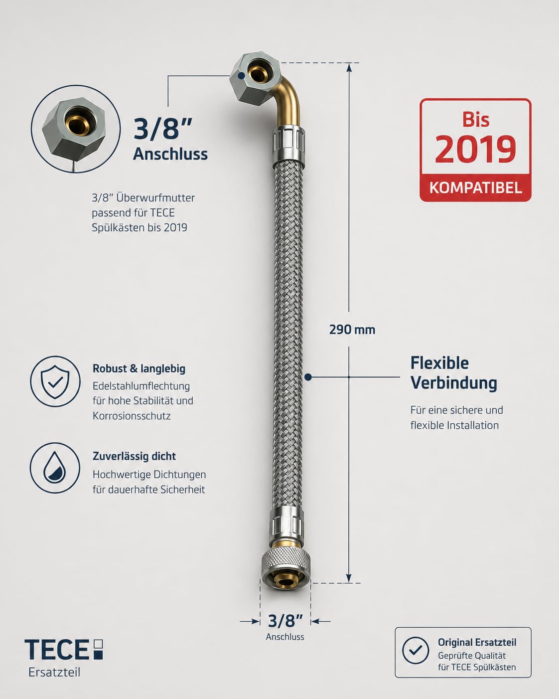 TECE Füllventil F10 Universal Set mit Panzerschlauch 3/8" bis 2019 und Ablaufventil A2 für Spülkasten 13 cm