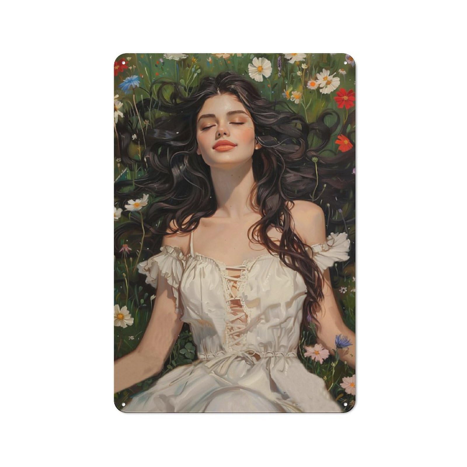 Junmoney Woman With A Green Field Decorative Metal Plaque 30X20cm, Modern Retro Urban Room Decor For Workspace, Cafe, Hallway Or Garage