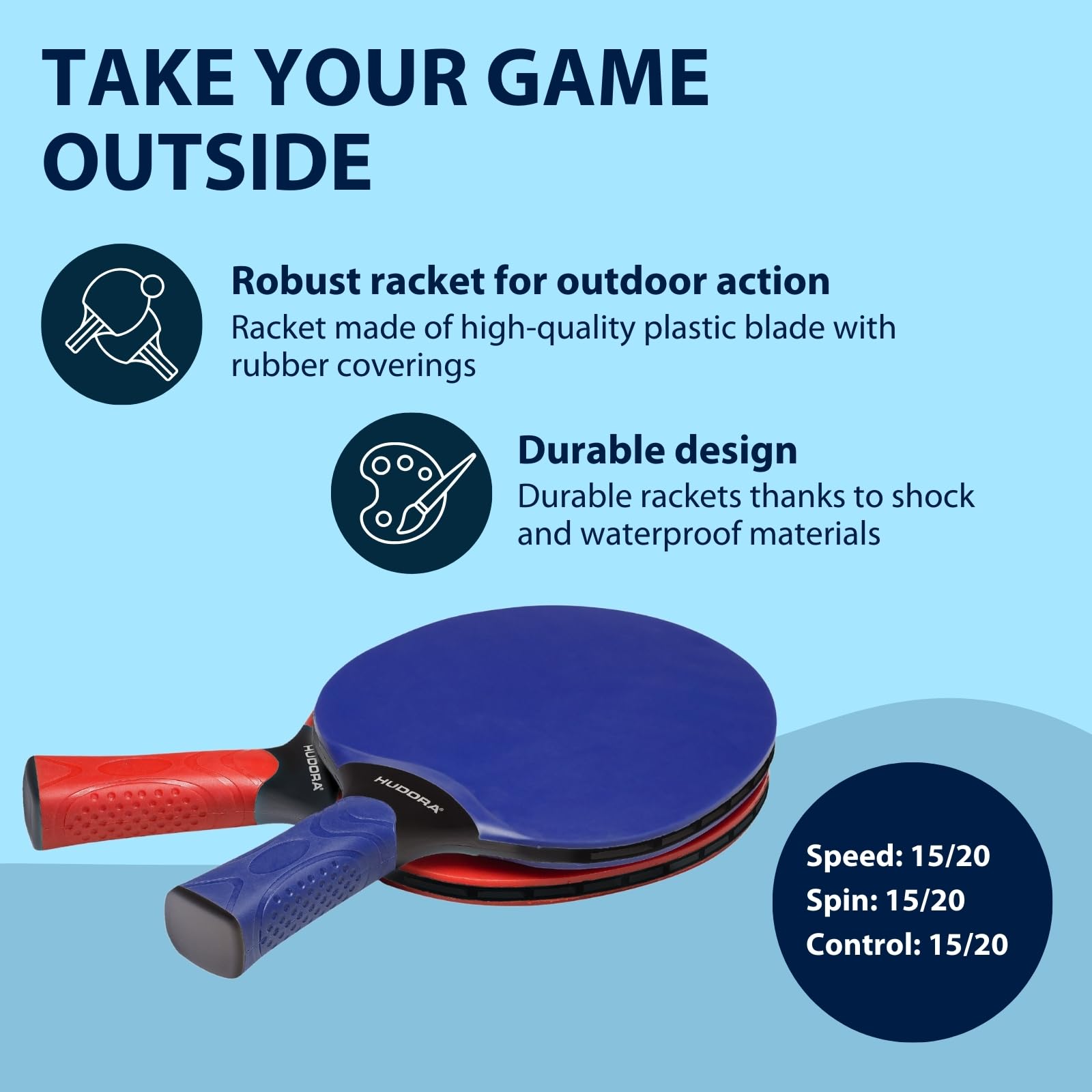 HUDORA Table Tennis Set Outdoor table tennis paddle Set including 2 paddles & 3 balls, Ping Pong bat set incl. storage bag - Image 3