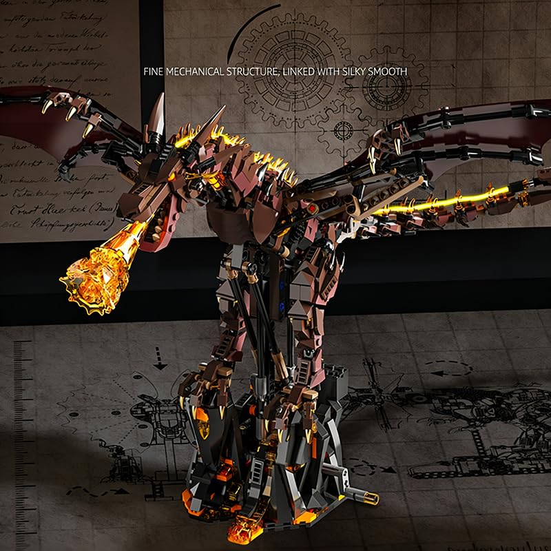 Image of SKY LINE OCEAN Fire Dragon Building Set with Display Stand - 1439 PCS Dragon Construction Model Kit, Rotatable Wings & Joints, Collectible Building Bricks for Teens & Adults (Ages 8+)