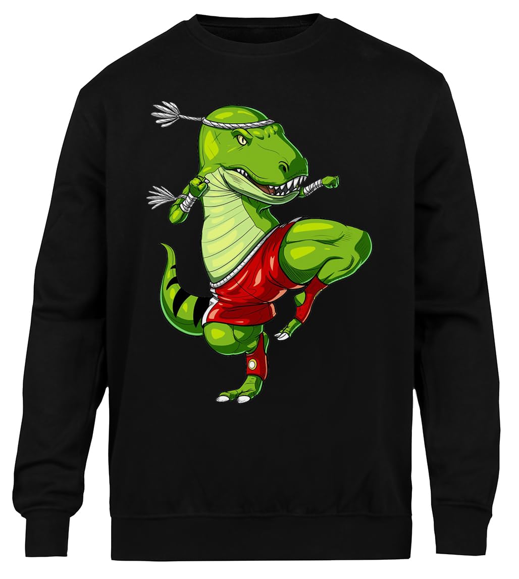 Dinosaurio Muay Thai T-Rex Sudadera Unisex Negra Cuello Redondo Ecológica