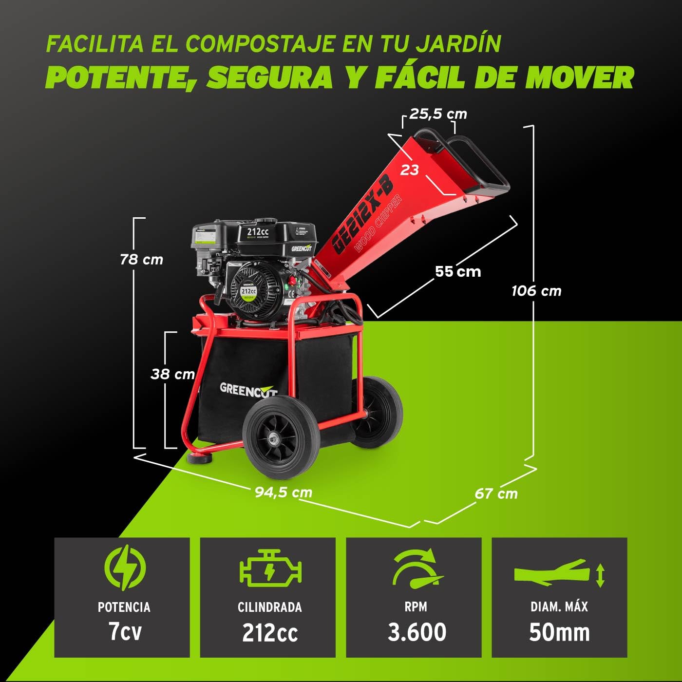 GREENCUT GE212X-B - Biotrituradora de Gasolina 212cc 7cv , Tritura Ramas Hasta 50mm, Incluye Saco de 64L, con Ruedas y Asa para Transporte Roja