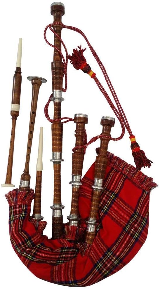 AAR Scottish Bagpipe Rosewood Royal Stewart Tartan Natural Color with Silver Plain Mounts Free Tutor Book, Carrying Bag, Drone, Reeds Brown, Royal Stewart
