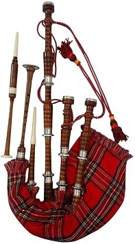 AAR Scottish Bagpipe Rosewood Royal Stewart Tartan Natural Color with Silver Plain Mounts Free Tutor Book, Carrying Bag, Drone, Reeds