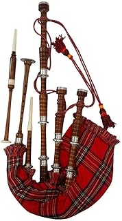 AAR Scottish Bagpipe Rosewood Royal Stewart Tartan Natural Color with Silver Plain Mounts Free Tutor Book, Carrying Bag, Drone, Reeds
