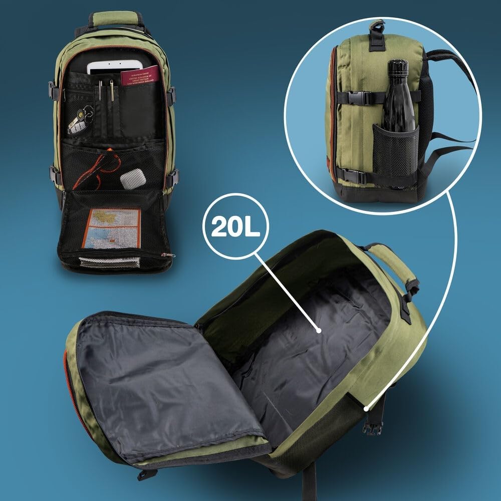 Cabin Max Zaino da viaggio 40 x 20 x 25 per bagaglio a mano - Zaino basso sedile adatto per Ryanair (20 litri di poliestere riciclato RPET)