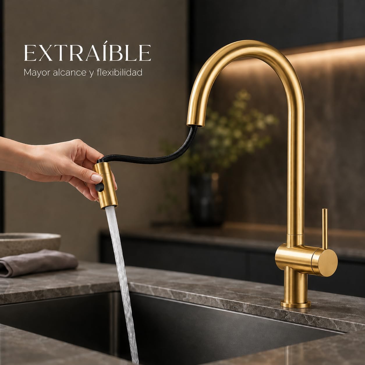 Grifo Cocina Extraíble con Osmosis | Grifo Fregadero Cocina Monomando con Agua Filtrada y Giro 360° | Grifería Cocina IMEX Lazio (Oro cepillado)