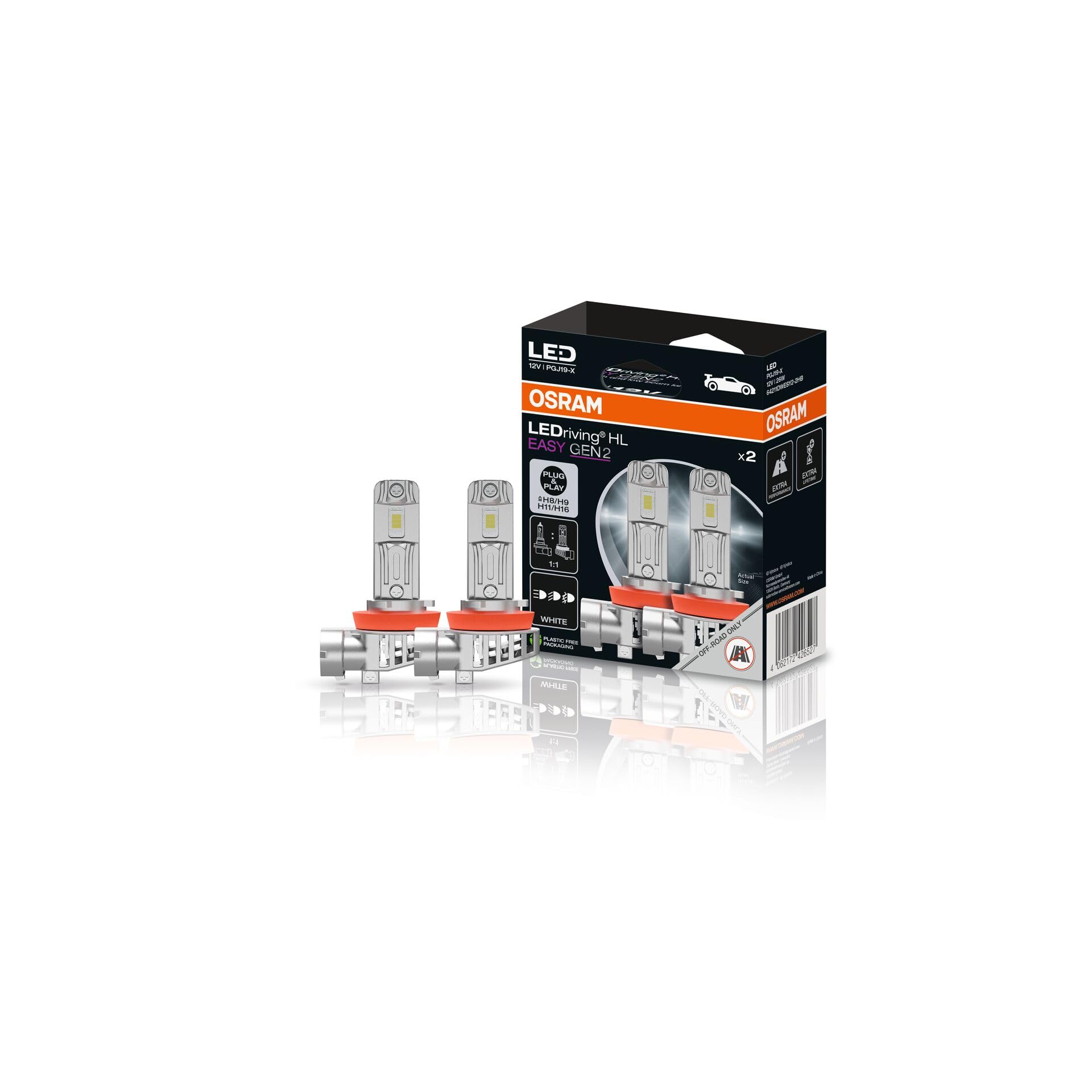 OSRAM LEDriving HL EASY GEN 2 ≜H8/H9/H11/H16, lampadina LED per abbaglianti e anabbaglianti, bianco freddo 6500K, nessun accessorio necessario, solo per uso fuoristrada-non omologata ECE, 2 lampadine