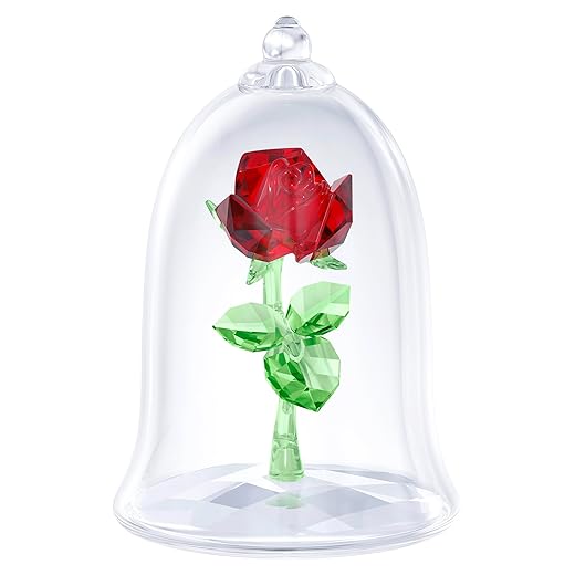 SWAROVSKI Beauty and the Beast Enchanted Rose, Red and Green Swarovski Crystal with Clear Base and Mouth-Blown Glass Bell Jar, Part of the Swarovski Beauty and the Beast Collection