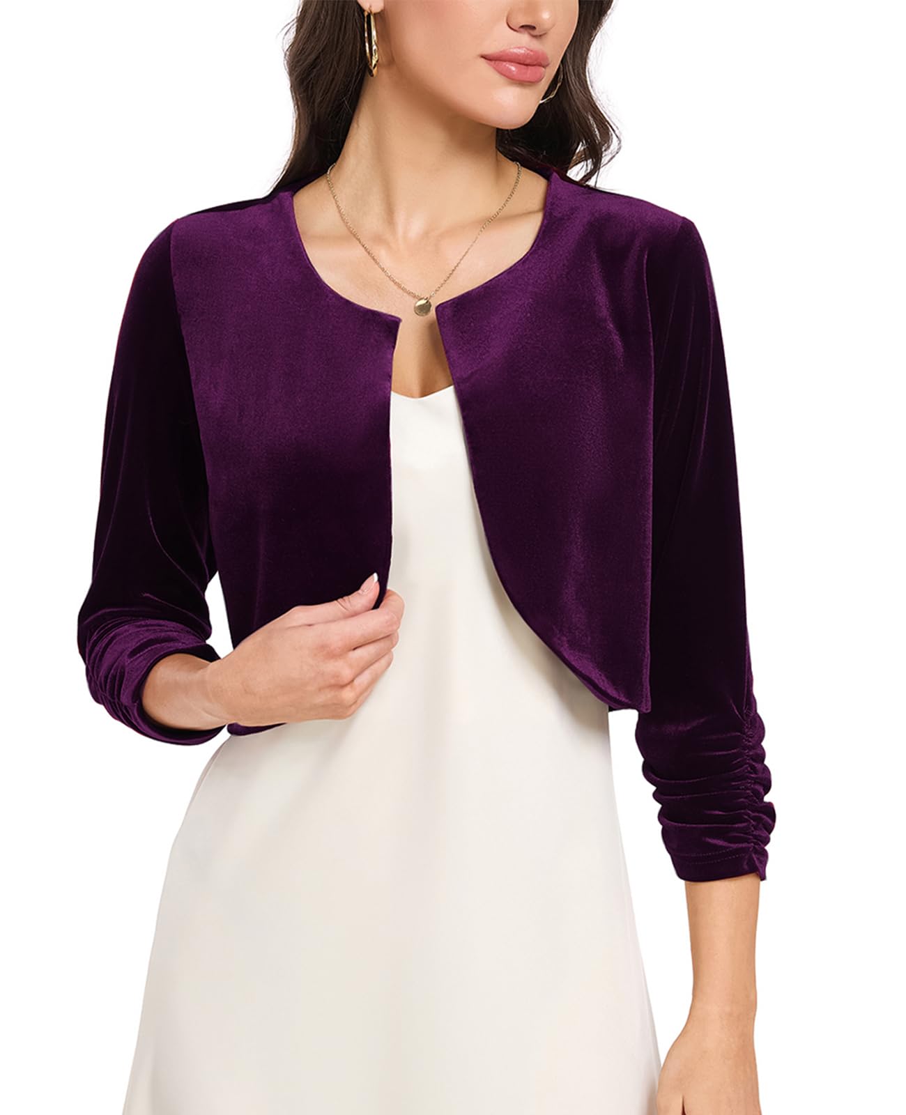 MINTLIMIT Velvet Bolero Shrug for Women 3 4 Ruched Sleeve Open Front Cropped Cardigan Cocktail Party Shrugs