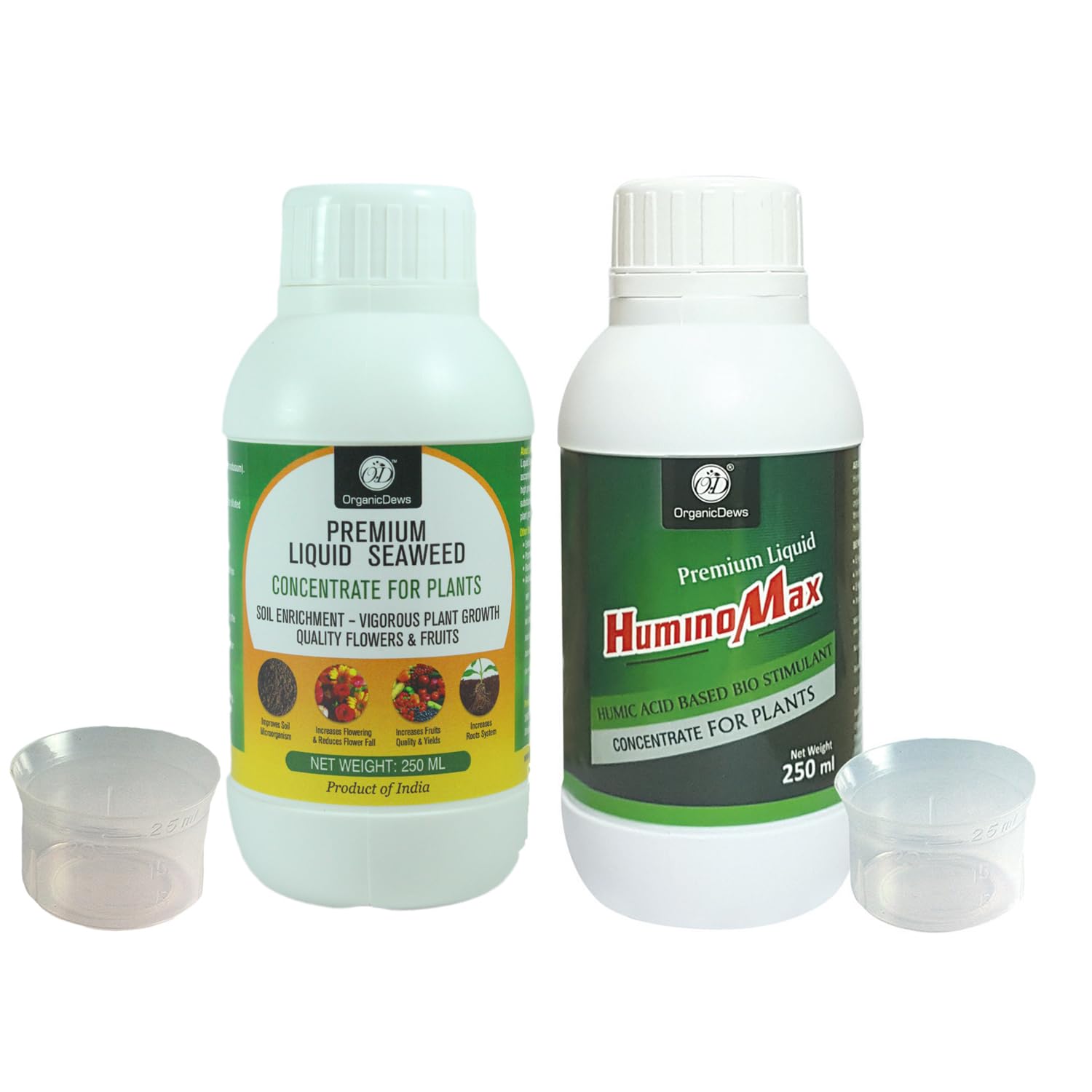 OrganicDews Liquid Seaweed Fertilizer(250 ml) & Humic Acid Fertilizer(250 ml) Combo Based Bio Stimulant for Plants Measuring Cup 25 ml - Plant Growth Enhancer, Soil Conditioner for Indoor & Outdoor