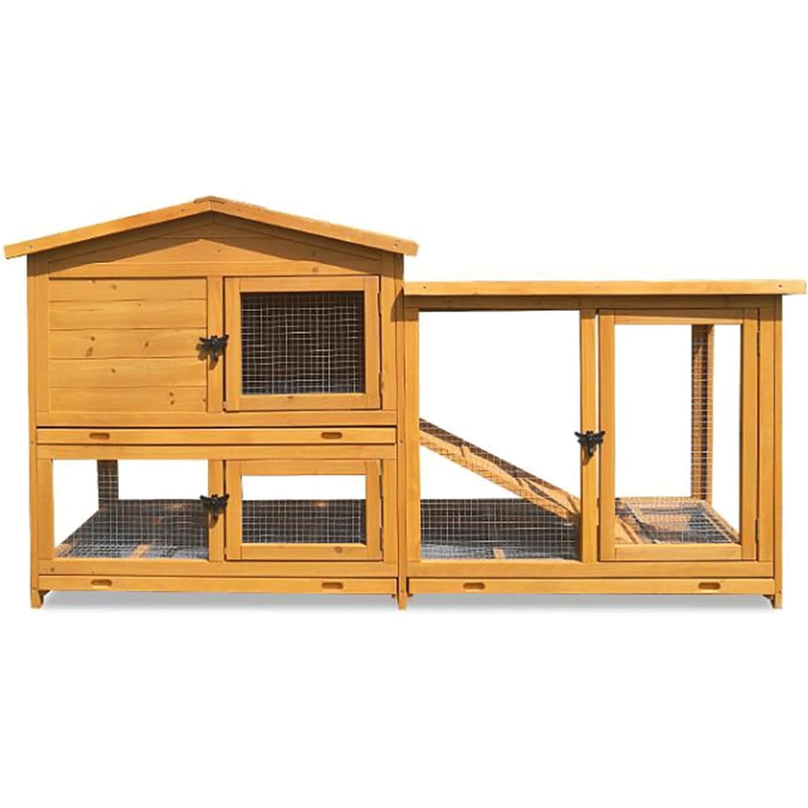 Kattenhuis van twee verdiepingen, huisdiervilla met uittrekbaar dienblad, binnen- en buitenkooi voor hond/kat/konijn/kip, dierenhok