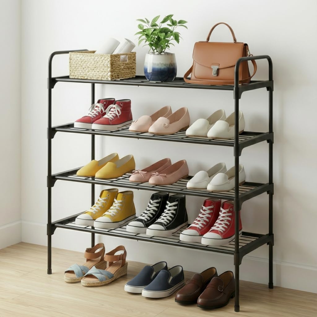 4-Tler Shoe Rack Organlzer, Rustproof lron, Spaclous Shoe Storage Shelf for Closet or Entryway, Fits Sneakers & Slippers, Black
