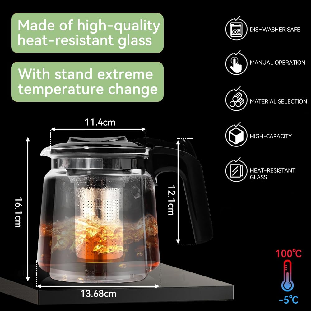 Tetera de Cristal para Infusiones de 1,5l Tetera de Vidrio con Infusor y Mango Resistente al Calor Tetera de Cristal para Vitrocerámica Jarra de Cristal para Hacer Infusiones de Té Flores