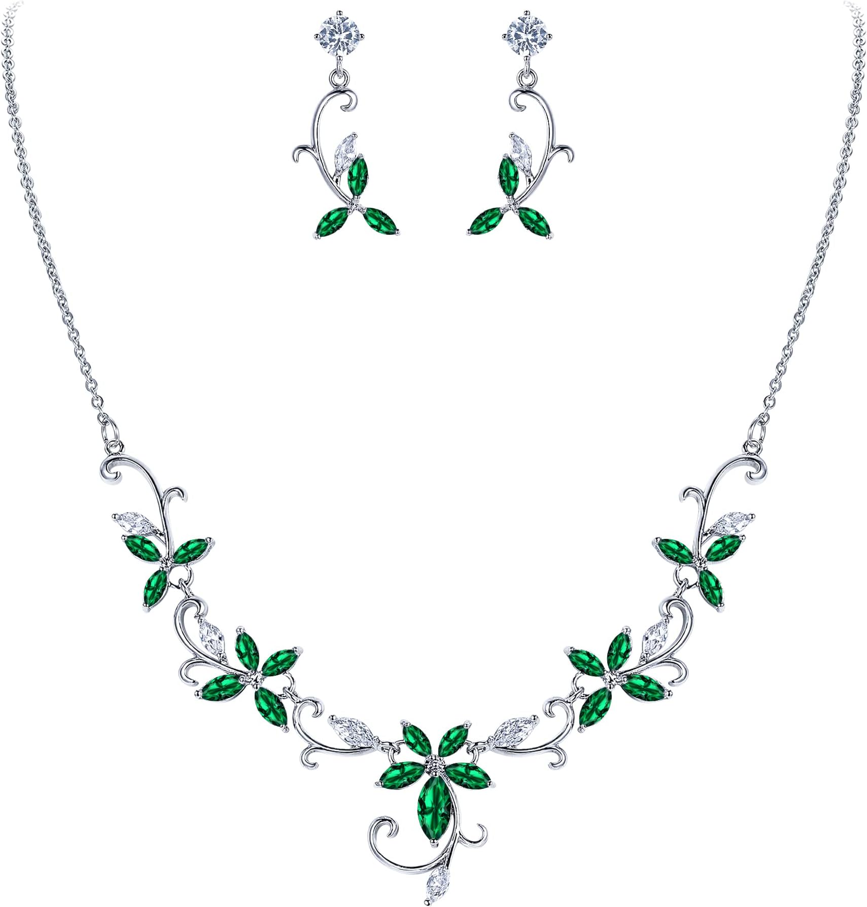 Crysdue Flower Leaf Wedding Jewelry Set for Bridal Bridemaid, Cubic Zirconia Teardrop Elegant Silver/14K/Rose Gold Plated Vine Necklace Dangle Earrings for Prom Party