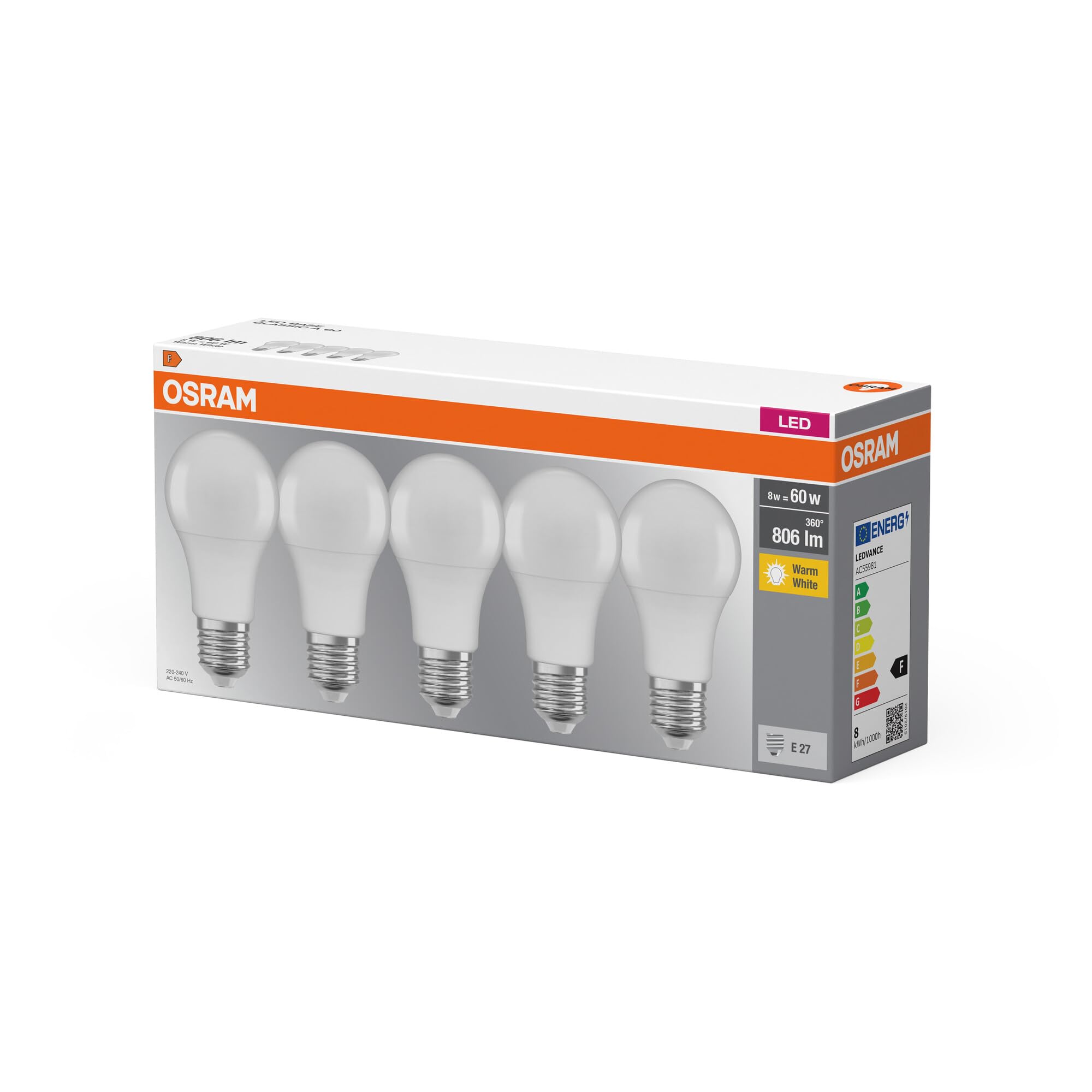 Osram Lamps LED Base Classic A Lampe, Sockel: E27, 2700 K, 8, 50 W, Ersatz für 60-W-Glühbirne, Warmweiß, 5 Stück (1er Pack) – Ansicht 5
