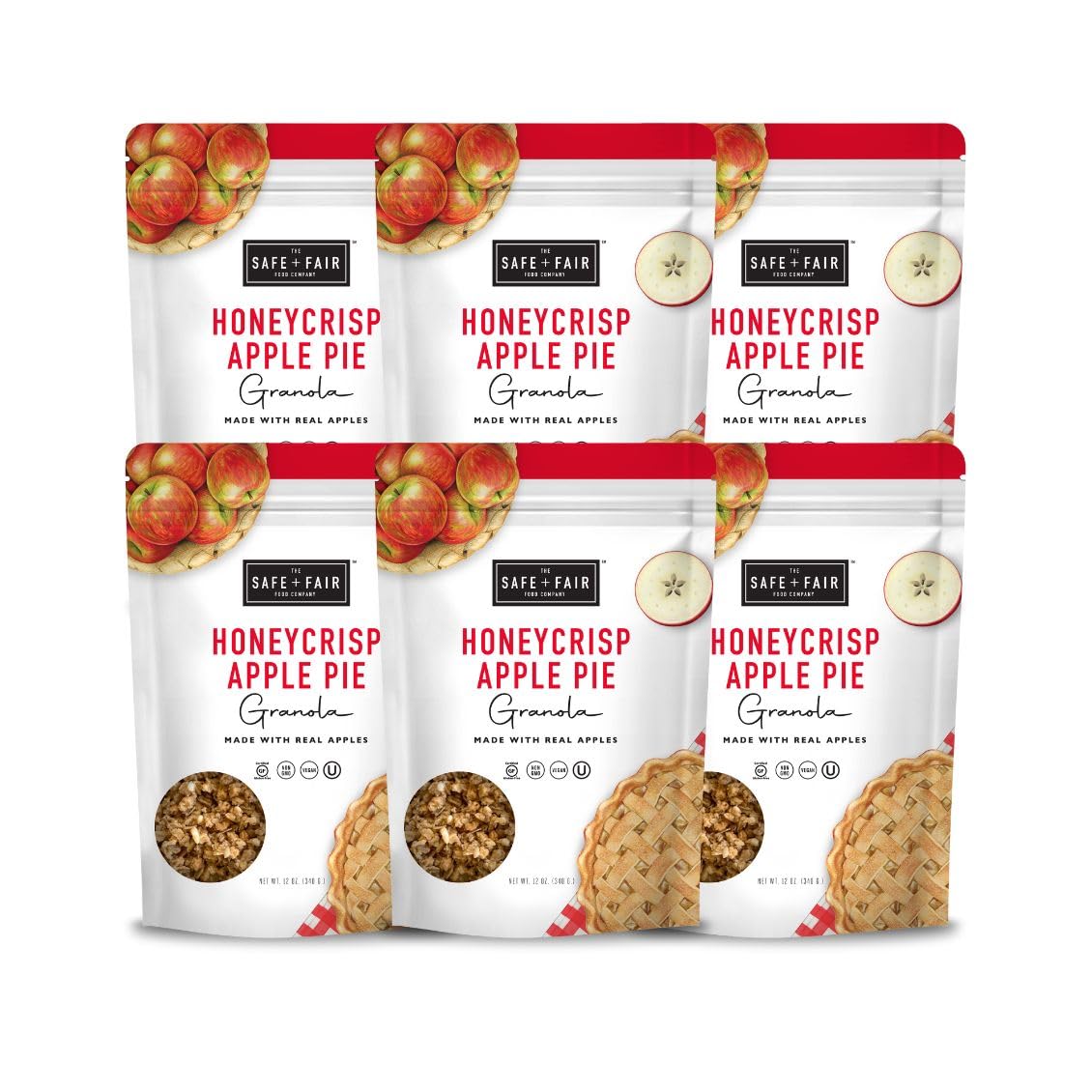 Safe + Fair Honeycrisp Apple Pie Granola - Glutenfrei, Milchfrei und Vegan Frühstück, Snack oder Dessert - Frei von Top 9 Allergenen, Transfett und künstlichen Zutaten - GVO, 340 ml, 6 Stück