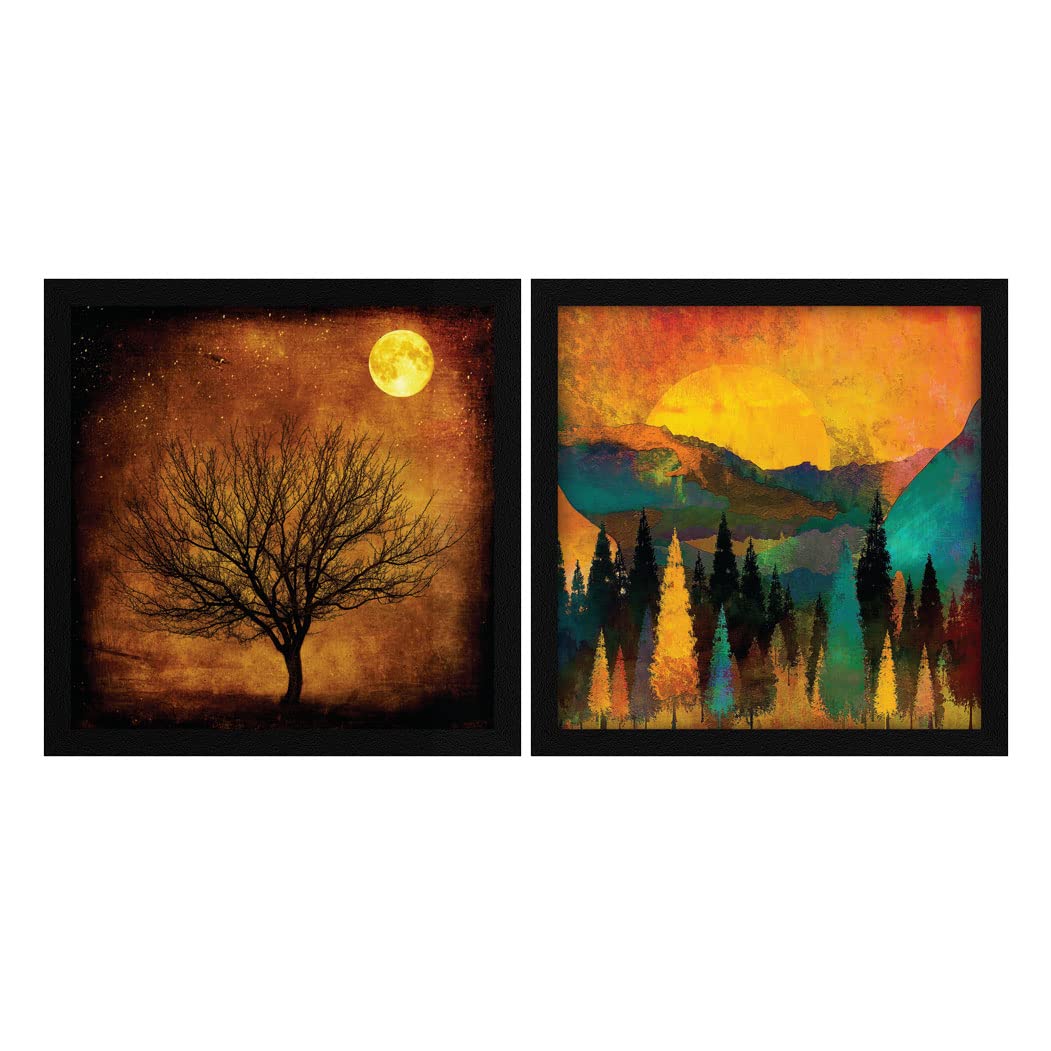 ArtX Paper Natural Scenery, Full Moon Wall Art Painting, Multicolor, Nature, 13X13 in each, 26X26 inches Combined, Set of 2
