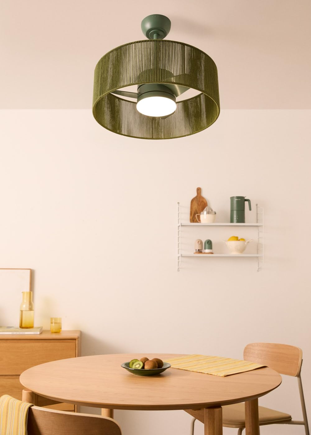 CREATE / WIND LAMP WOVEN/Ventilatore da soffitto luce e telecomando verde salvia / 25W, timer, Ø56,5 cm, funzione estate-inverno, LED 3 temperature, corpo in corda, flusso d'aria concentrato