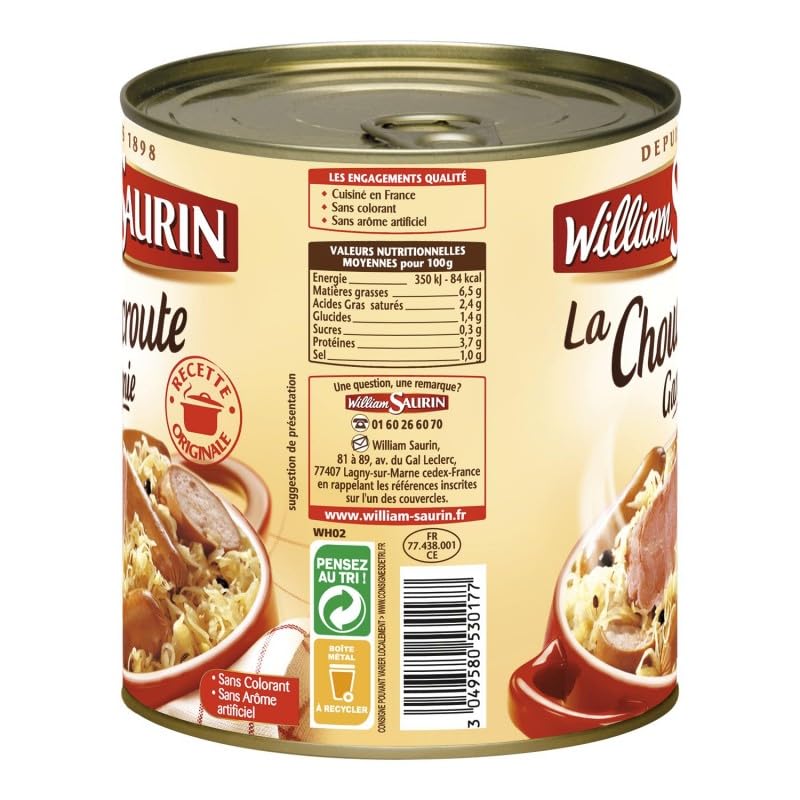 Choucroute Garnie Au Vin Blanc 800G - Mijotée de qualité signée WILLIAM SAURIN - Lot De 3