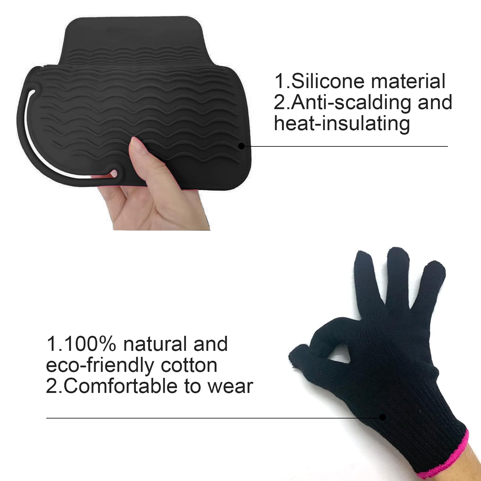 Souvik Ensemble de Protection Thermique pour Lisseur et à Boucler Tapis en Silicone Antidérapant et Gant Résistant à la Chaleur pour Outils de Coiffure Plat et à Friser Noir