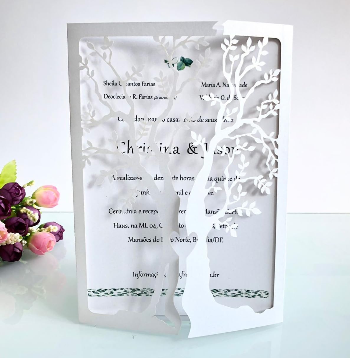 50Pcs Heart Tree Wedding Invitations Jacket, Vintage Invitations Cards, Metallic Paper Laser Cut Invitation (White)