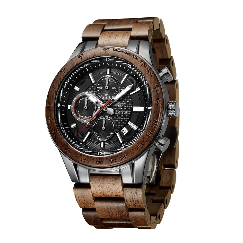 orologio da uomo in legno e acciaio inossidabile, cronografo 3 quadranti cronografo al quarzo per il tempo libero orologio da uomo multifunzione in legno, fatto a mano
