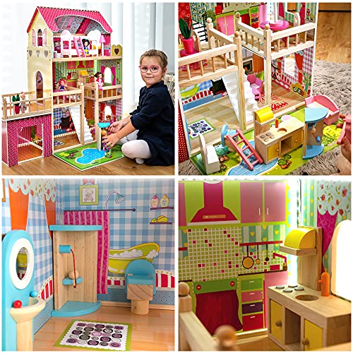 Green series Kinderplay Puppenhaus Holz Groß | Puppenvilla - Traumvilla | Kinder Dollhouse | Led - Licht und Zubehör | Set 90 cm Hoch mit Terrasse, Garage | Puppenhaus ab 2 Jahre | GS0020 – Bild 2