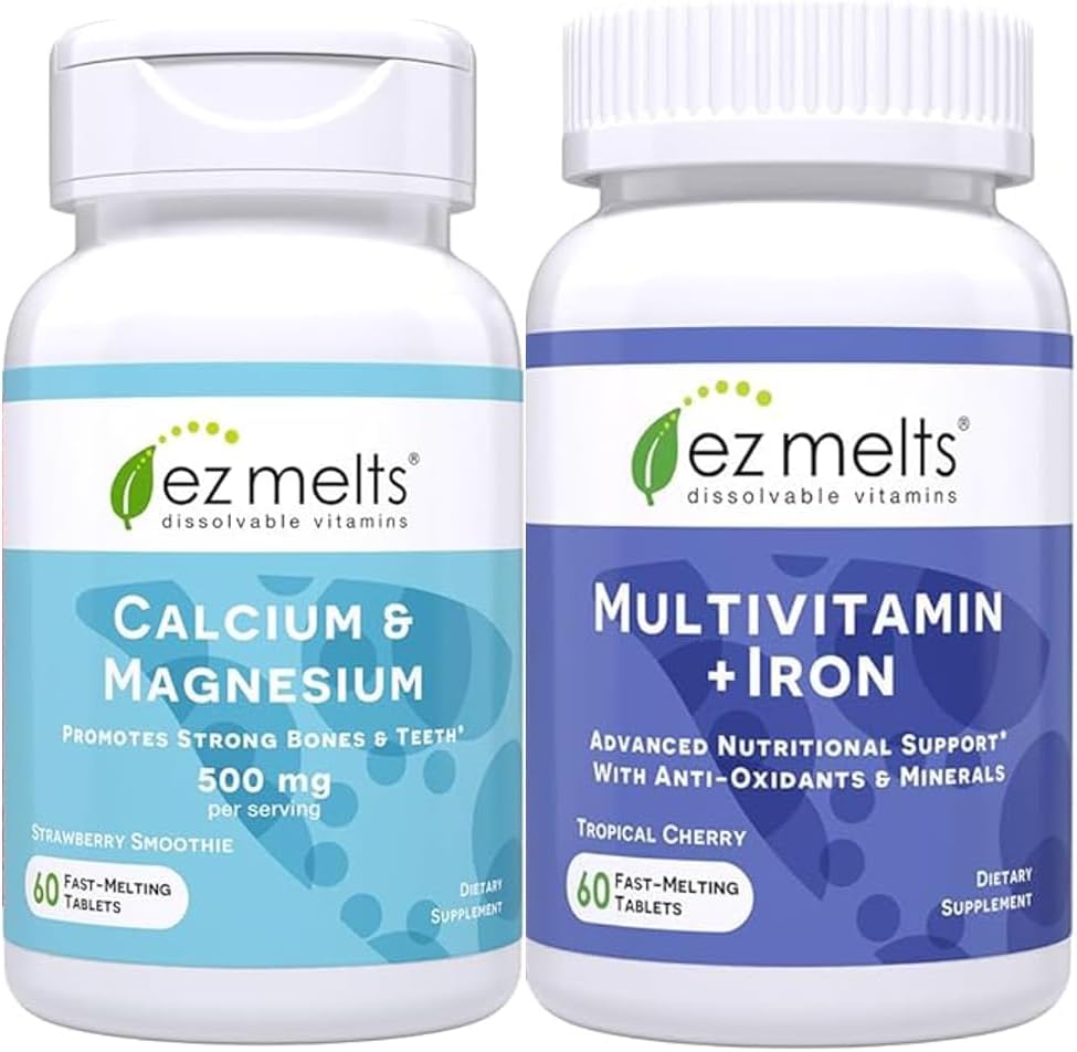 EZ Melts Calcium and Magnesium Supplement and Multivitamin with Iron Bundle, Sugar Free, 1 Month Supply
