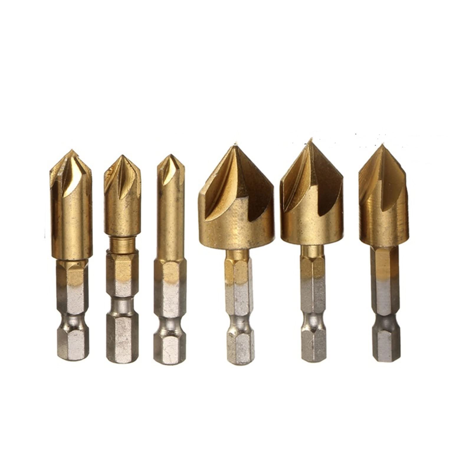 Set di 6 punte per trapano a svasatura, punte smussate, con codolo esagonale a 90 gradi, gambo esagonale da 6 mm a 19 mm, design a 5 scanalature, per legno e metallo
