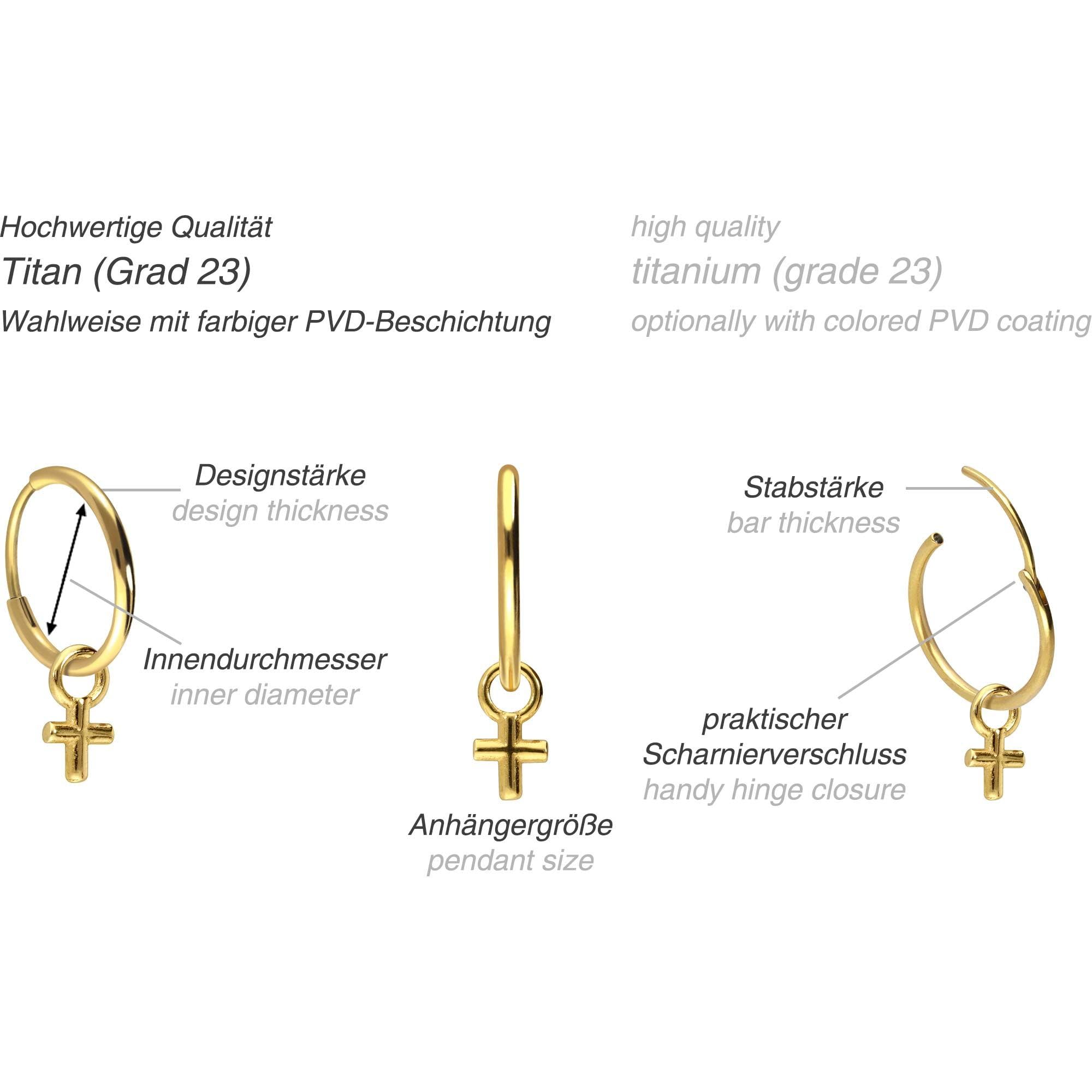 PIERCINGLINE Titan Ohrclicker Creolen KREUZ - Roségoldfarben, Schwarz, Goldfarben, Silberfarben