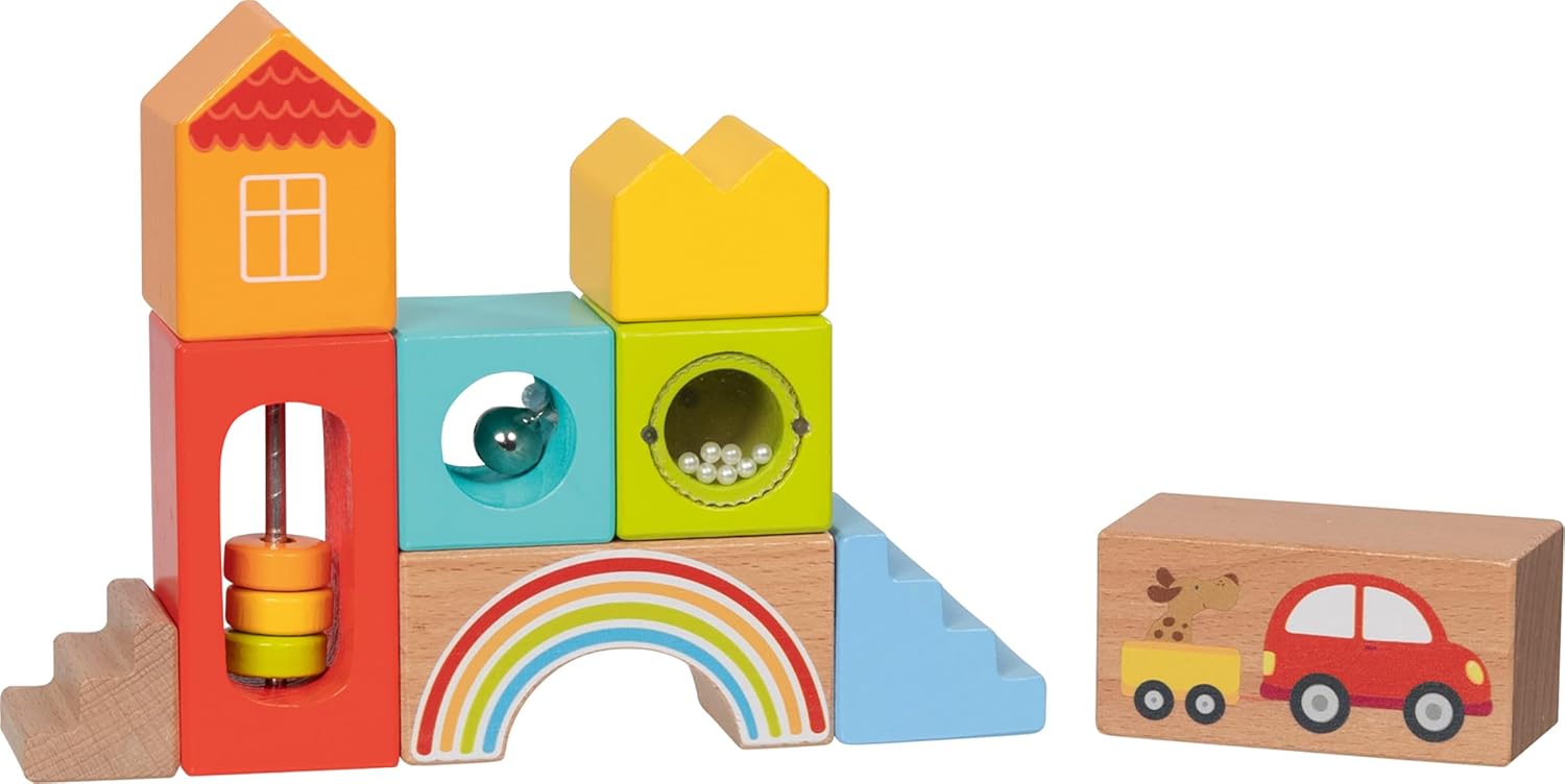 goki 58346 - Wooden Building Blocks - Colourful Building Blocks with Different Shapes and Colours as well as Balls and Beads - Motor Skills Toy for Children - 18 x 18 cm -
