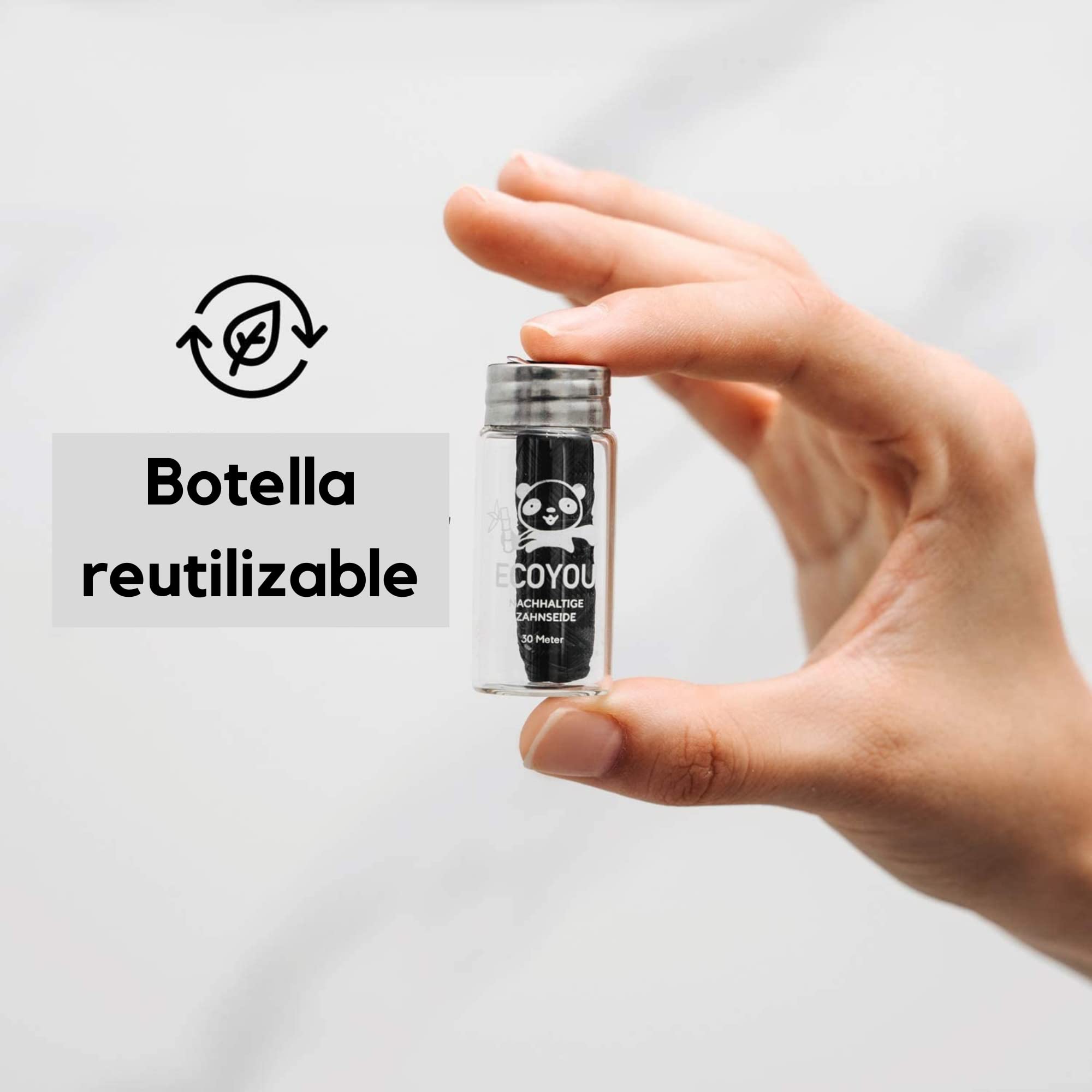 Seda Dental EcoYou – Sostenible, De Carbón Activo de Bambú, En Botella de Vidrio, Sin Plástico, Reutilizable, Vegano, Resistente, Sabor Menta, Limpieza Dental Ecológica, Negro